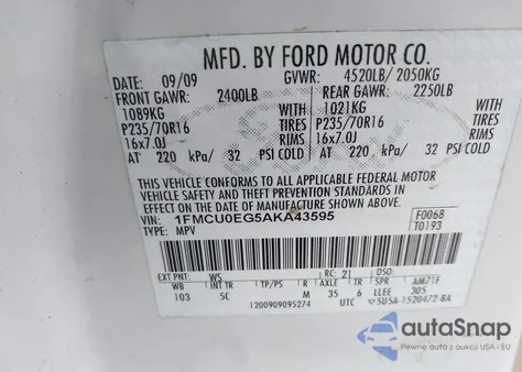 2010 Ford Escape Limited из США, поврежденный, VIN 1FMCU0EG5AKA43595